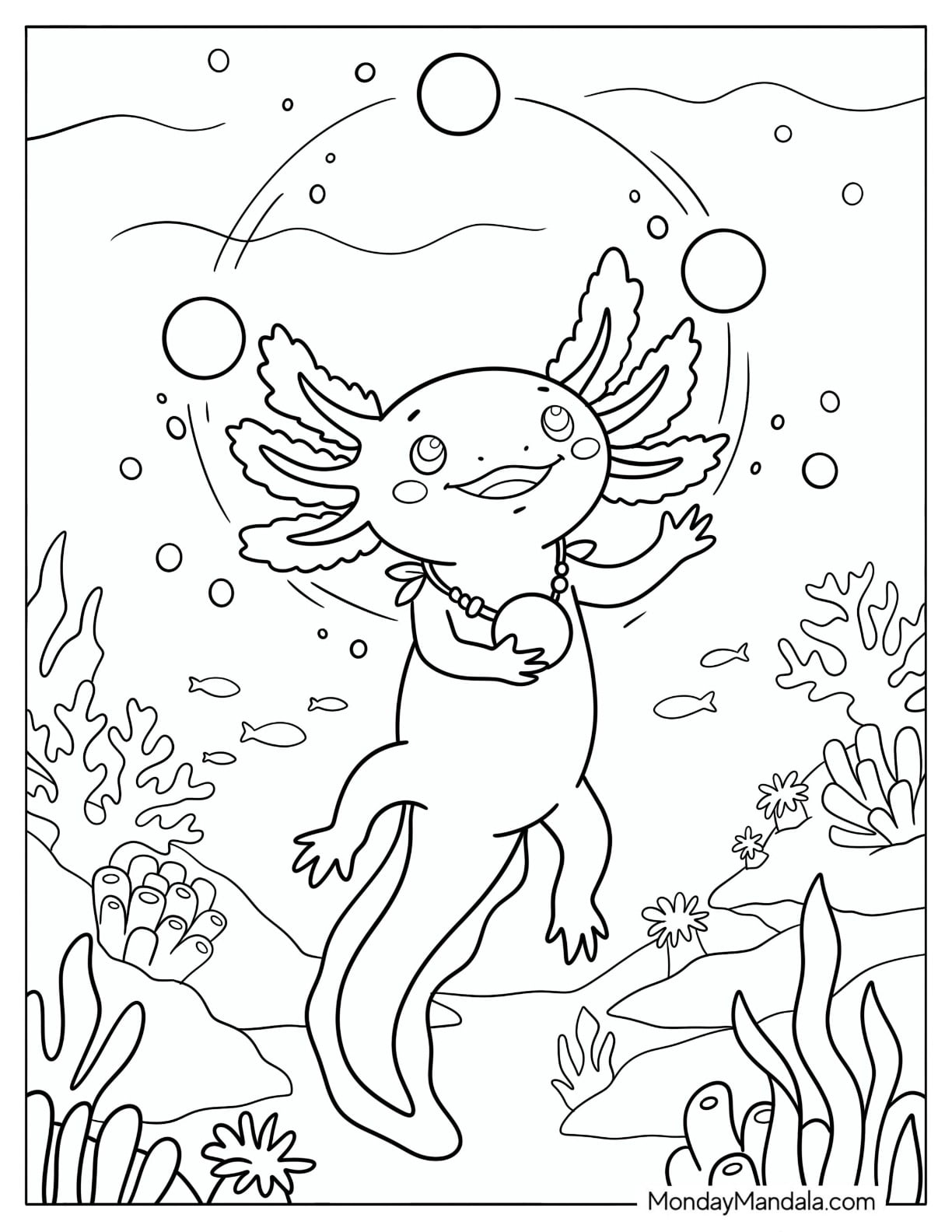 Axolotl Juggling Balls Underwater Coloring Page for Kids