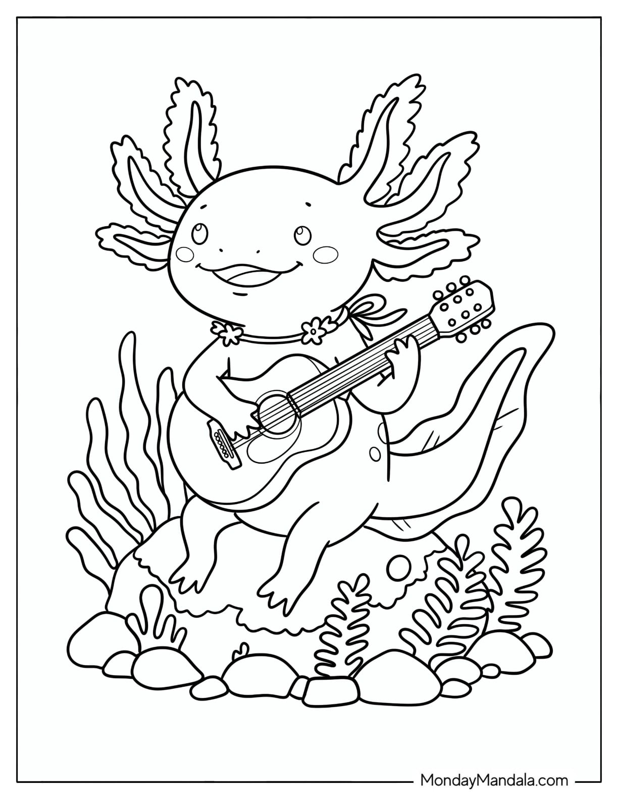 Axolotl Playing Guitar on an Underwater Rock Coloring Page for Kids