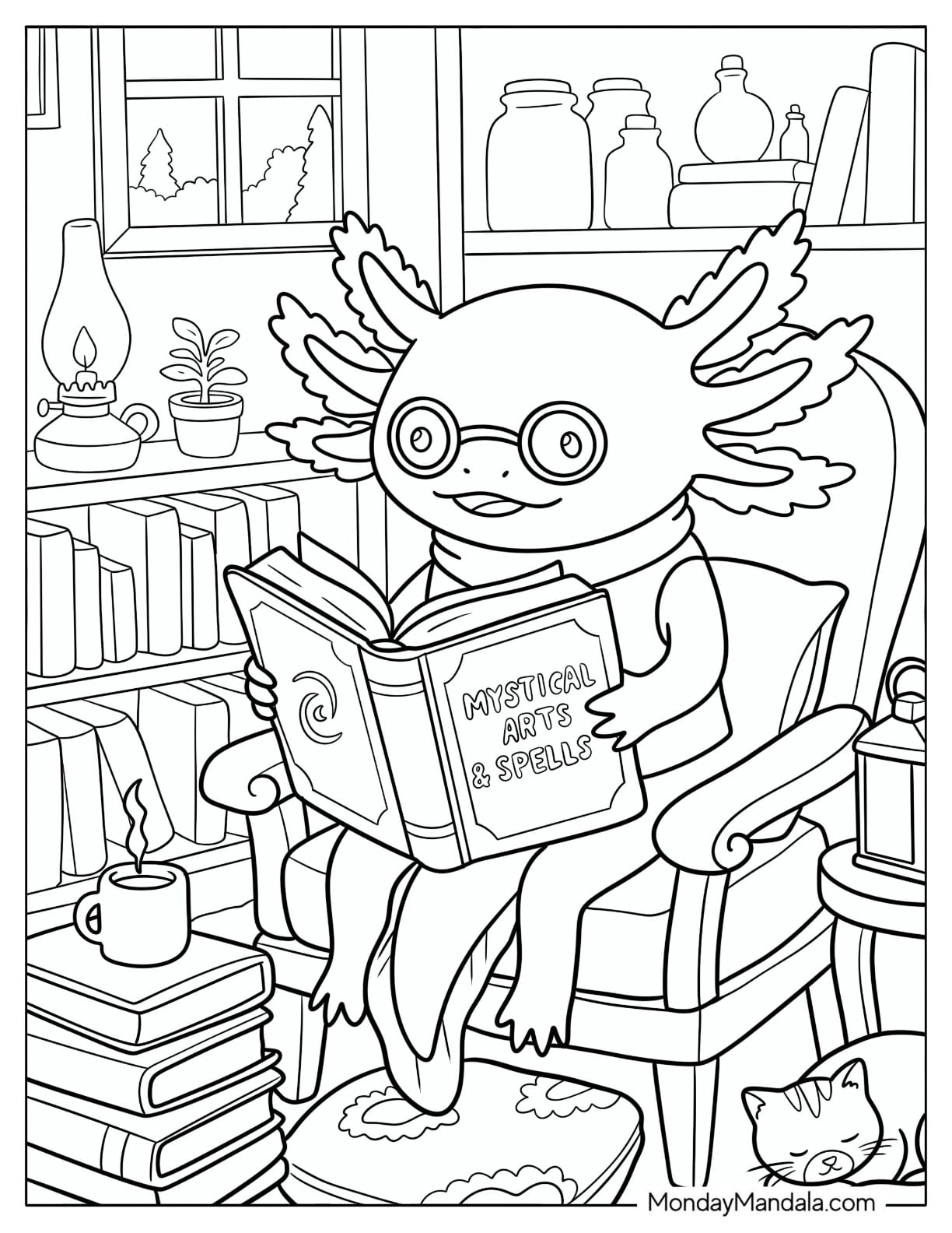 Axolotl Reading a Mythology Book in a Cozy Library Coloring Page