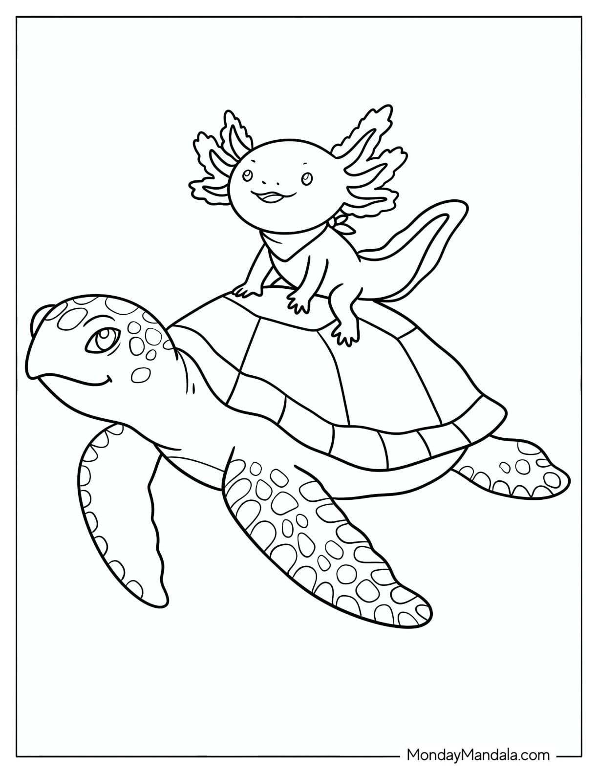Axolotl Riding on a Sea Turtle Coloring Page for Kids