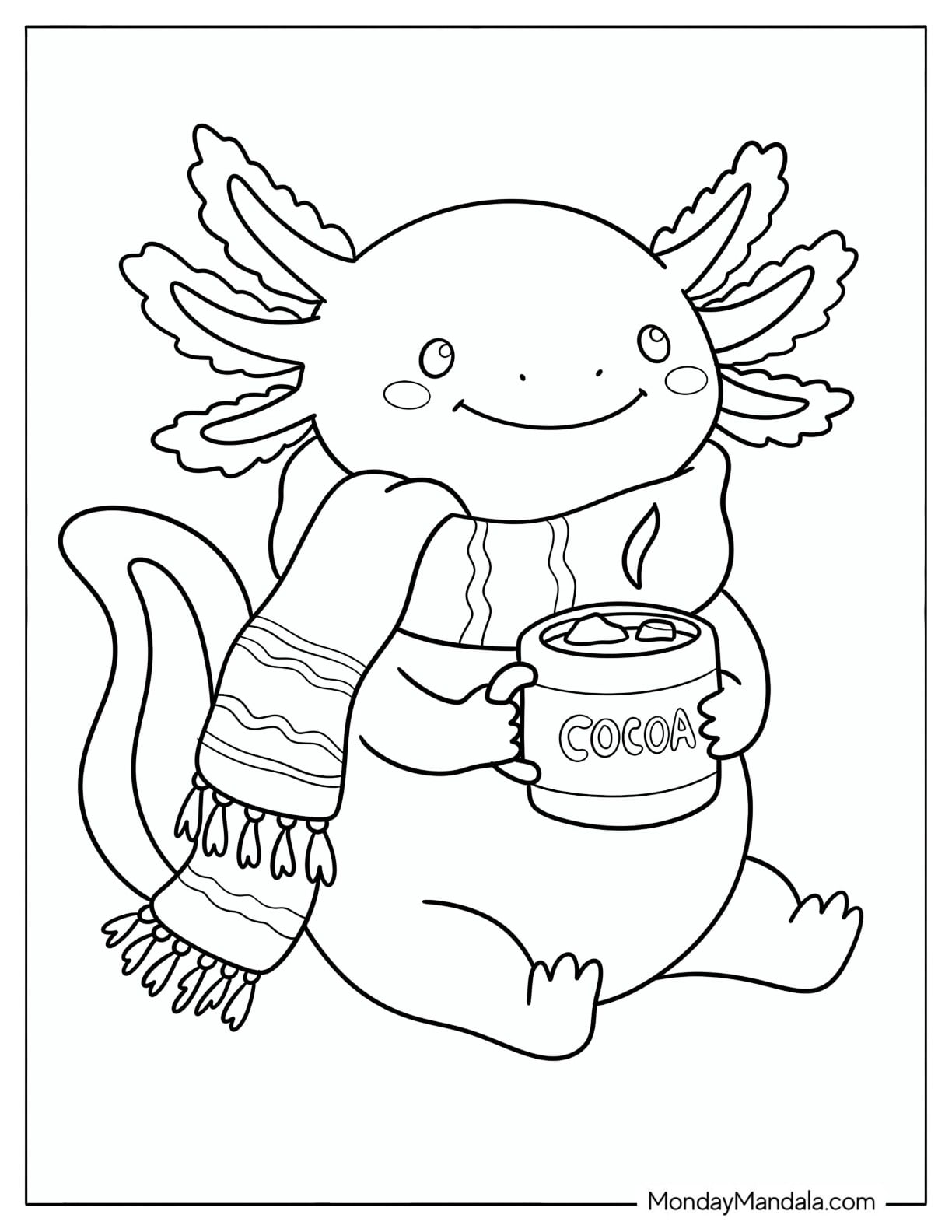 Axolotl Wearing a Scarf and Drinking Hot Cocoa