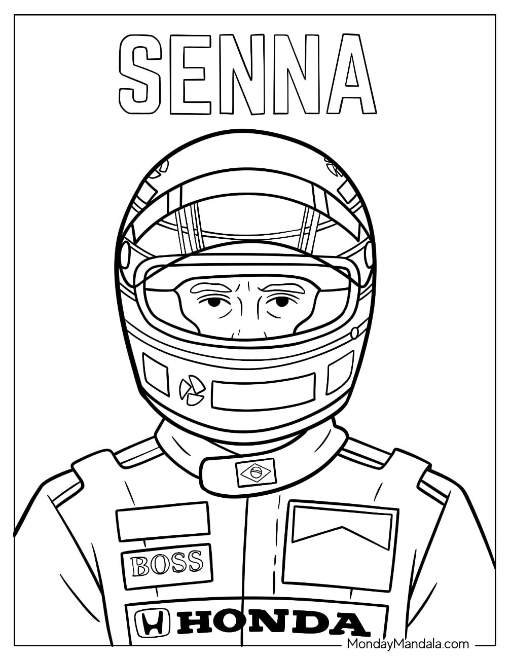 Ayrton Senna Wearing an F1 Racing Helmet Coloring Page
