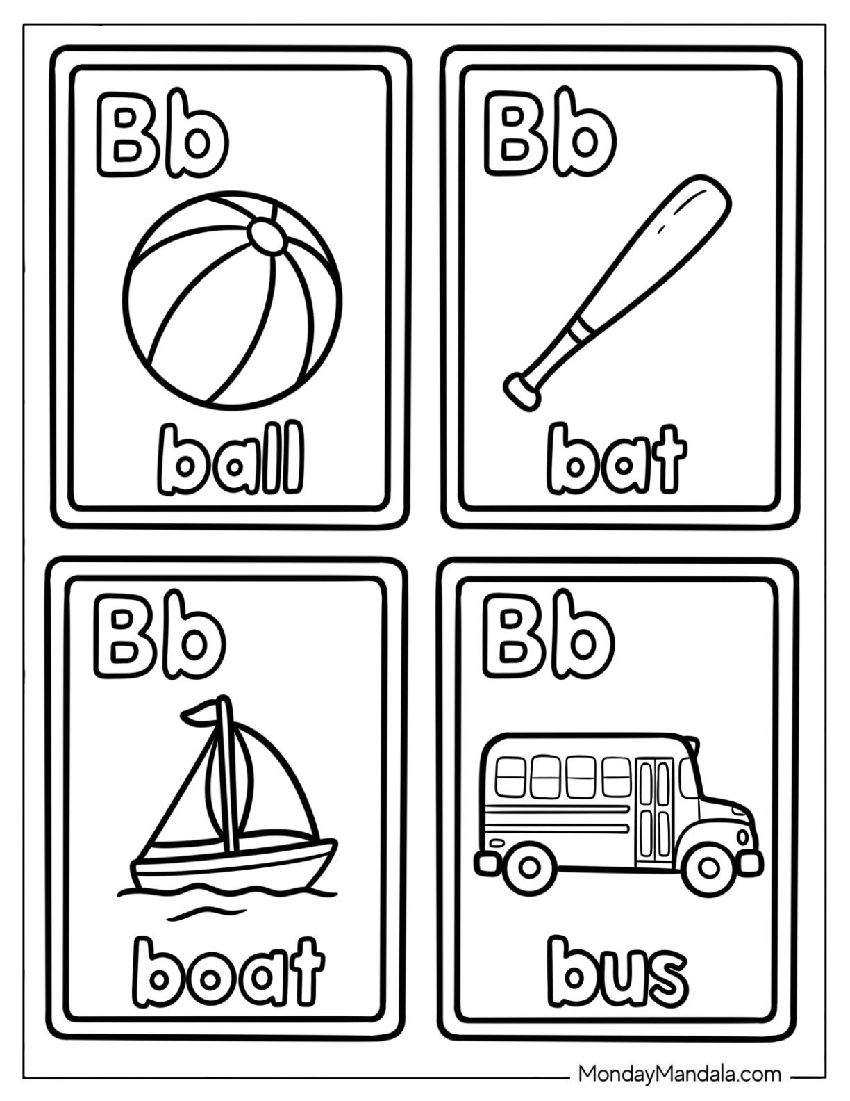 Letter B Coloring Page is for Ball, Bat, Boat, and Bus Flashcard
