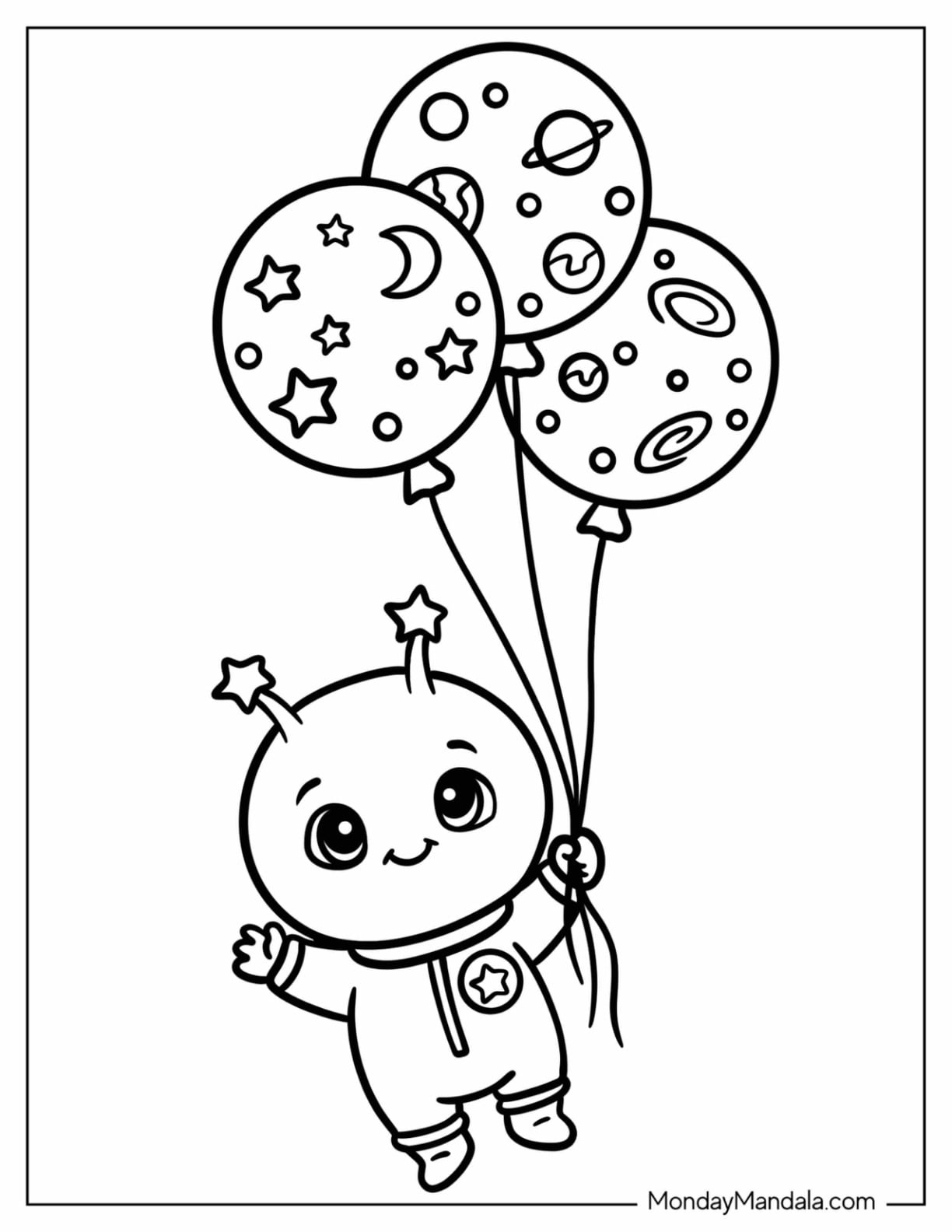 Baby Alien Holding onto Starry Balloons Coloring Page for Kids