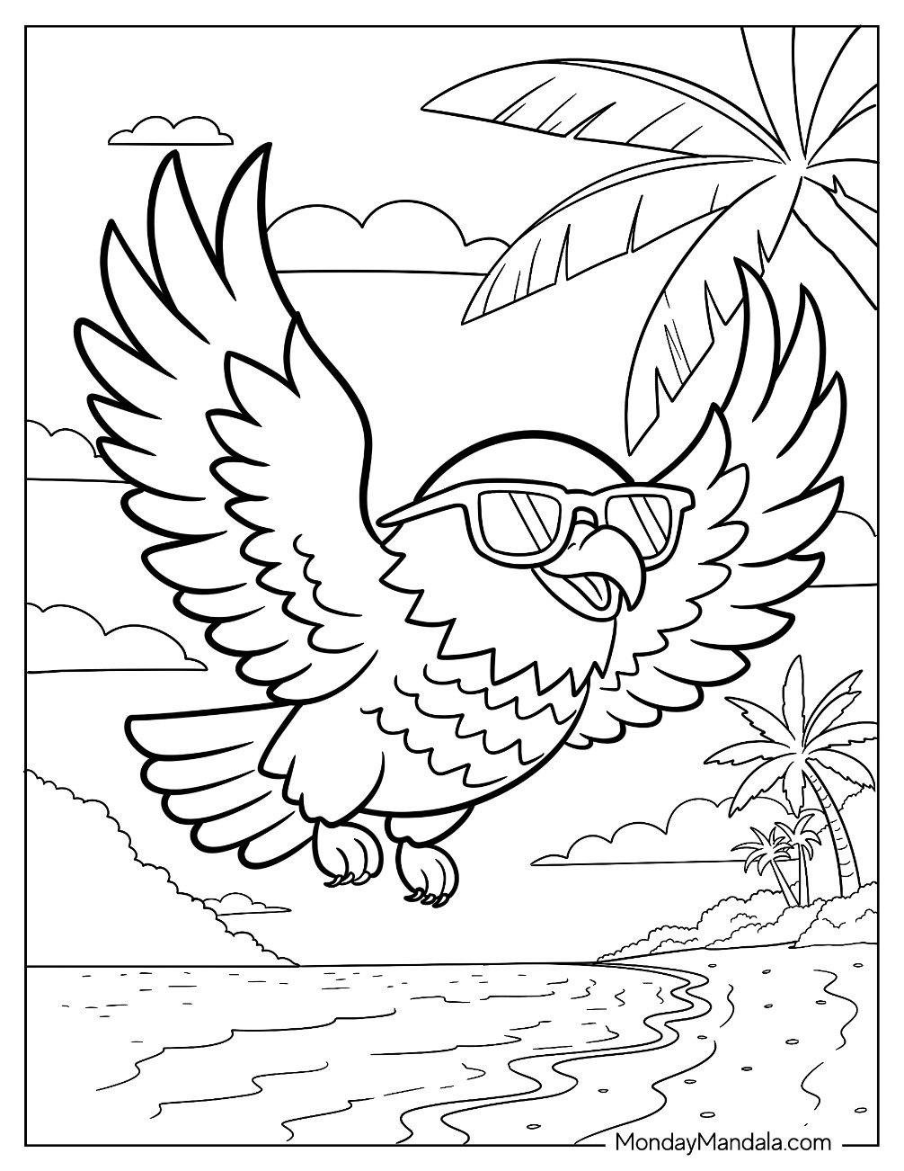 Baby Bald Eagle Coloring Page Flying with Sunglasses On for Kids