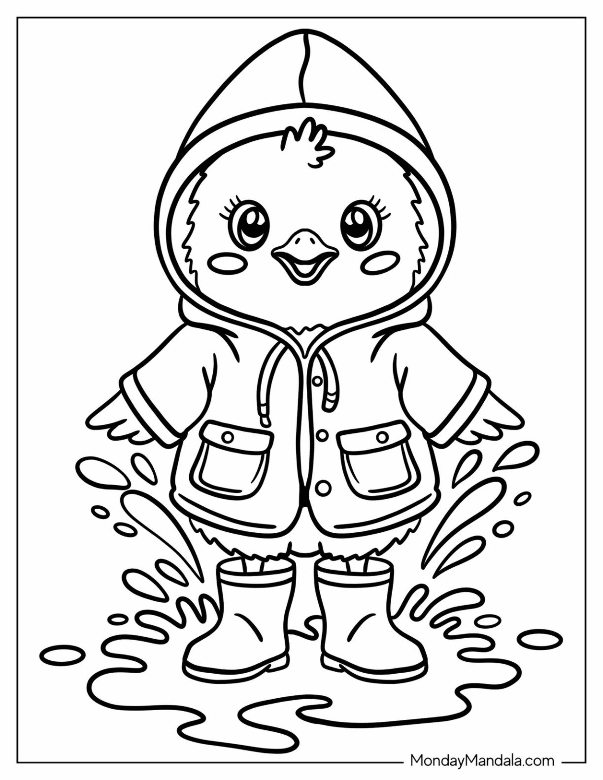 Baby Chicken Coloring Page in Raincoat Splashing in a Puddle for Kids
