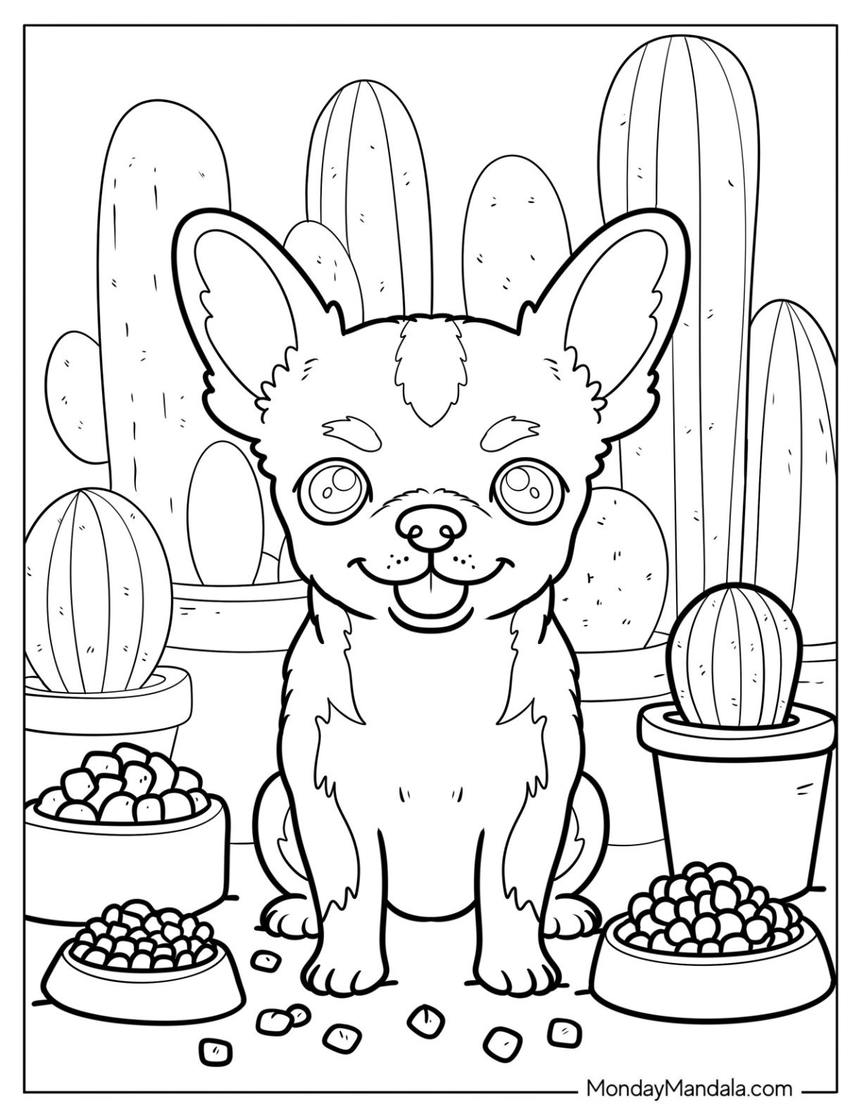 Baby Chihuahua Coloring Page Sitting Next to Dog Food and Potted Cacti