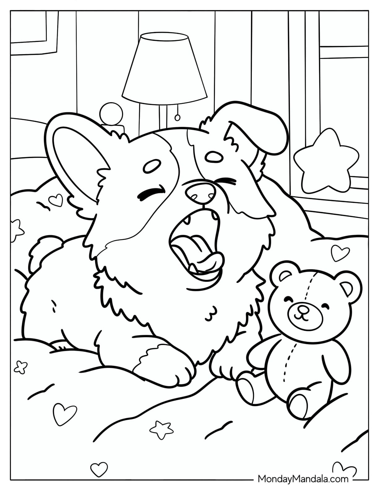 Baby Corgi Yawning on a Bed Coloring Page