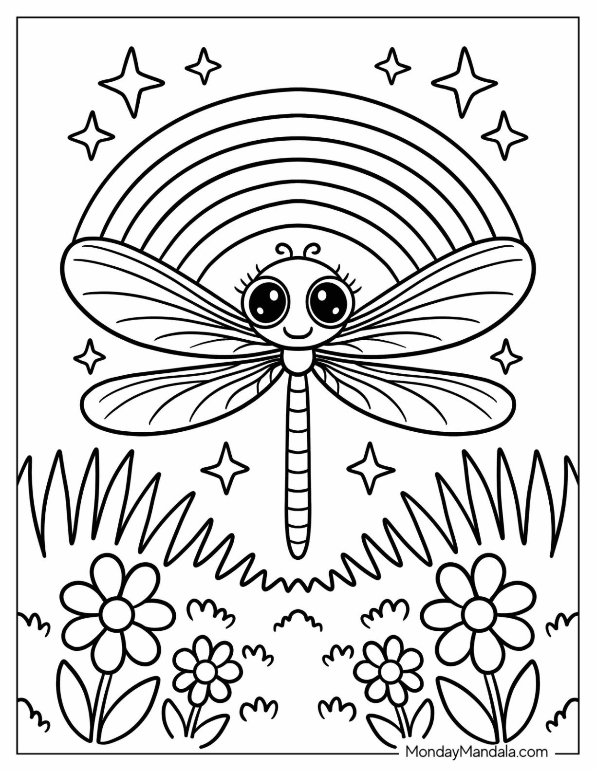 Baby Dragonfly Coloring Page on a Flower Field with Sparkles and Rainbowfor Preschoolers