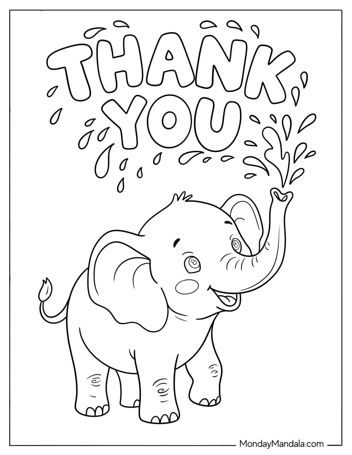 Baby Elephant Spraying Water on Thank You Text Coloring Page for Preschoolers