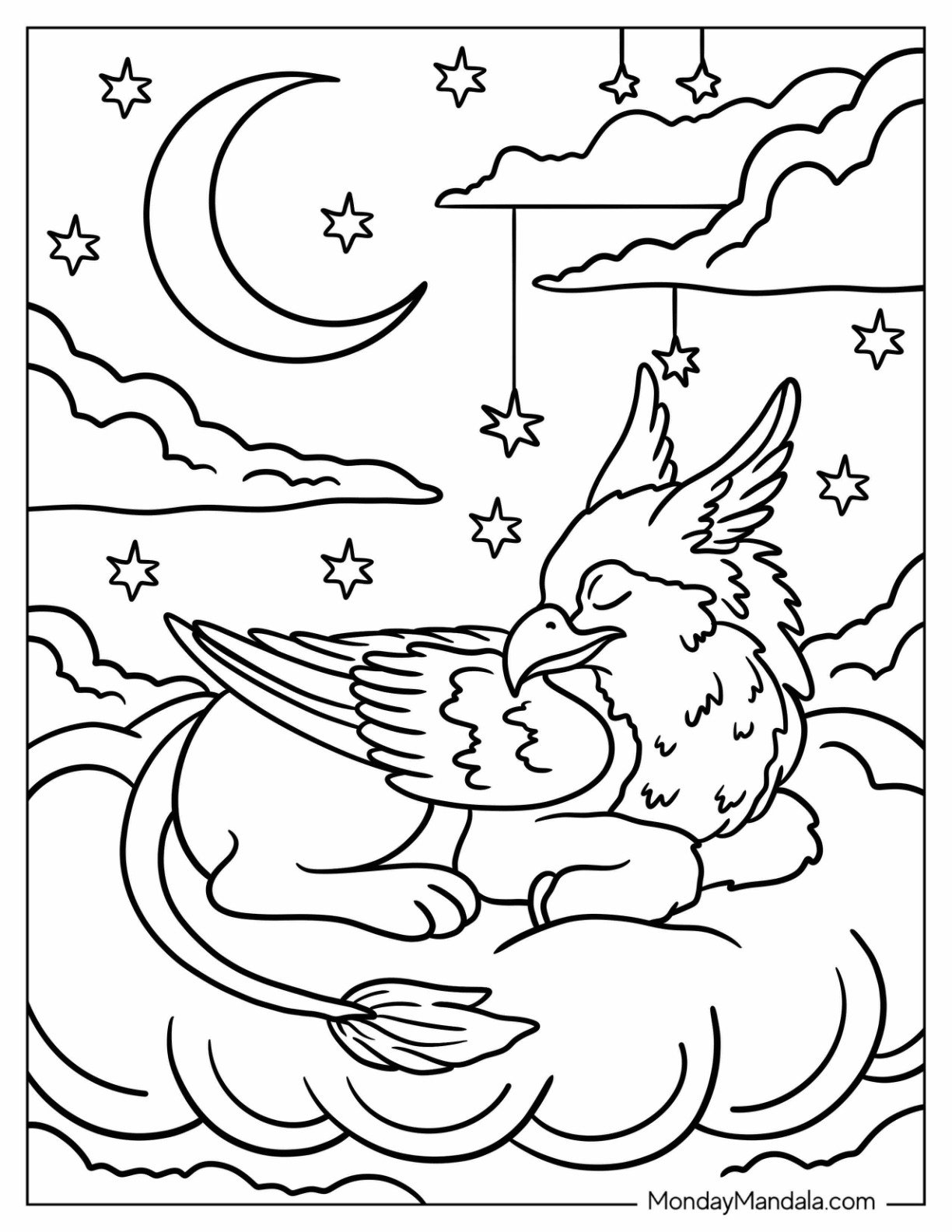 Baby Griffin Coloring Page Sleeping on Cloud with Moon and Stars