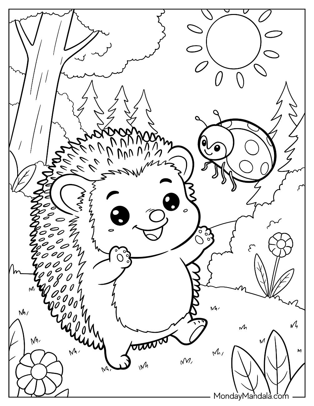 Baby Hedgehog Coloring Page Playing with a Ladybug for Kids