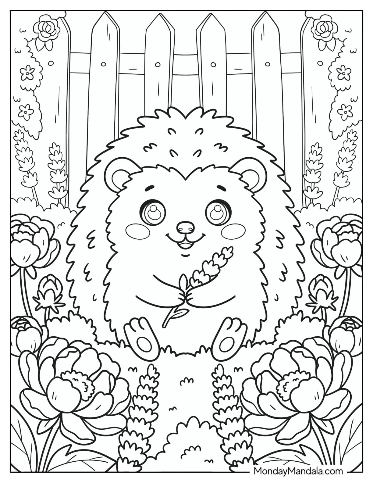 Baby Hedgehog in a Flower Garden Coloring Sheet