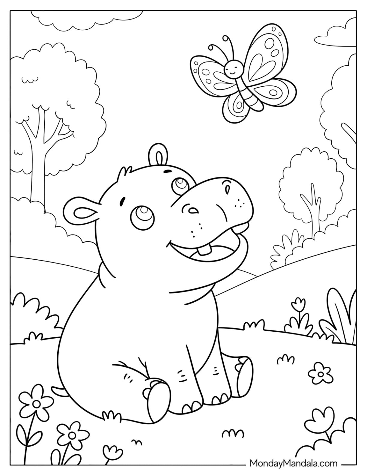 Baby Hippo Staring at Butterfly Coloring Page for Kids