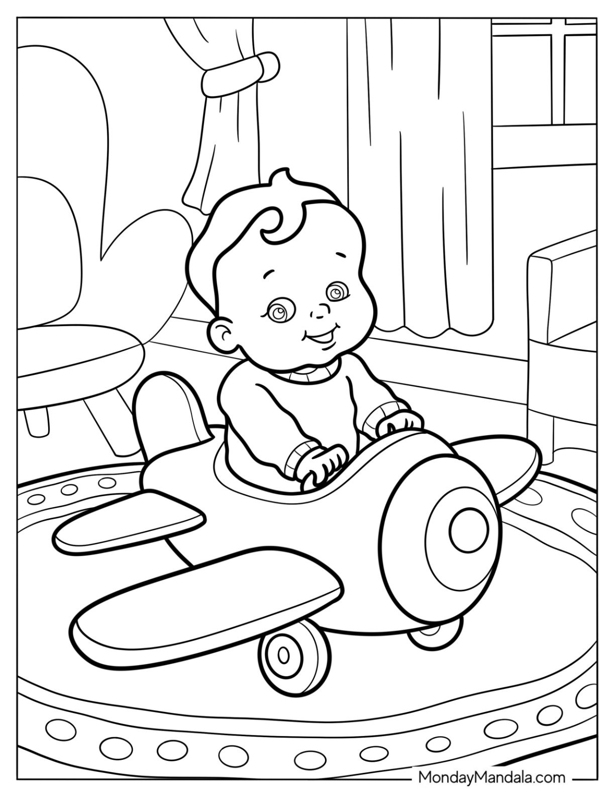 Baby Coloring Page In A Toy Airplane For Kids