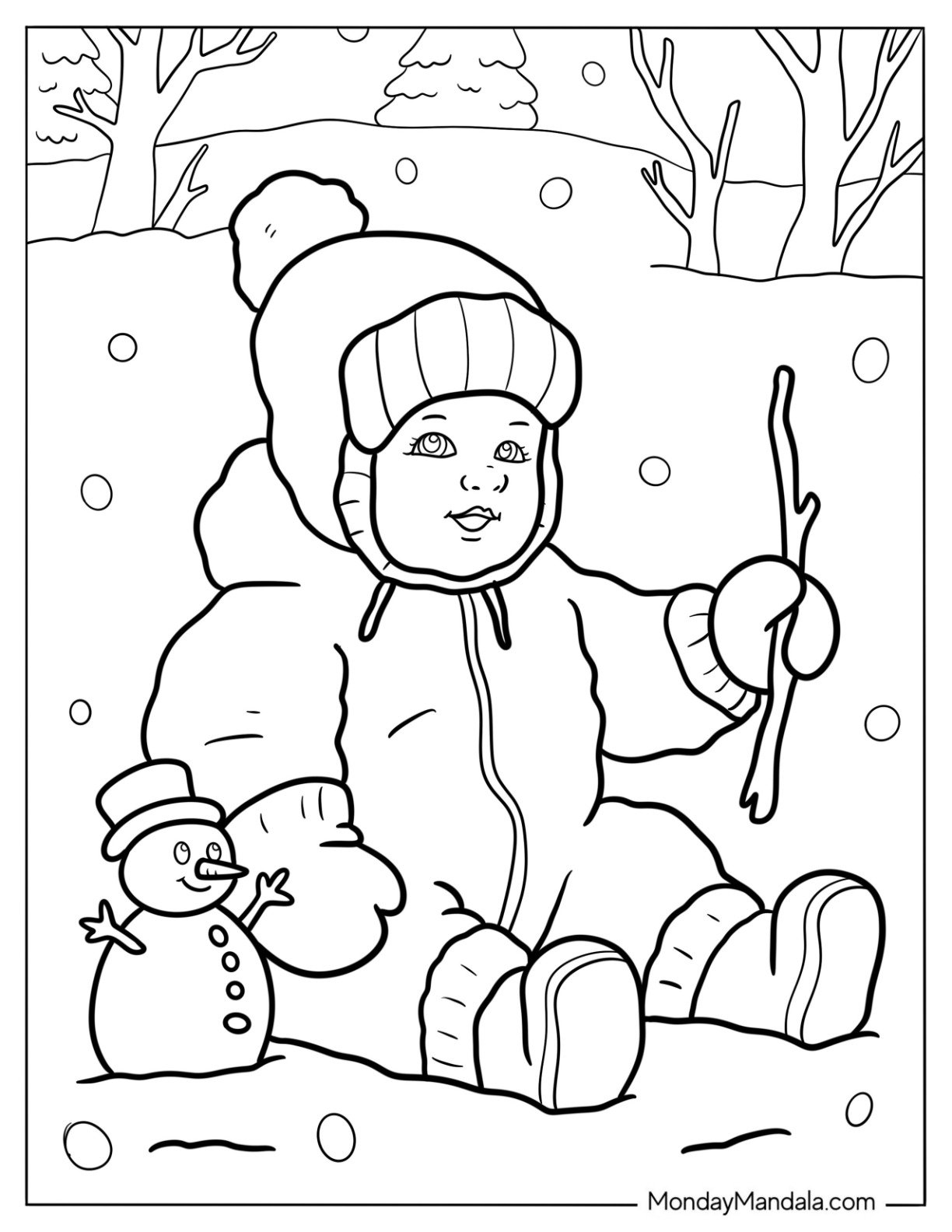 Baby Coloring Page In Winter Clothes Sitting Next To A Snowman