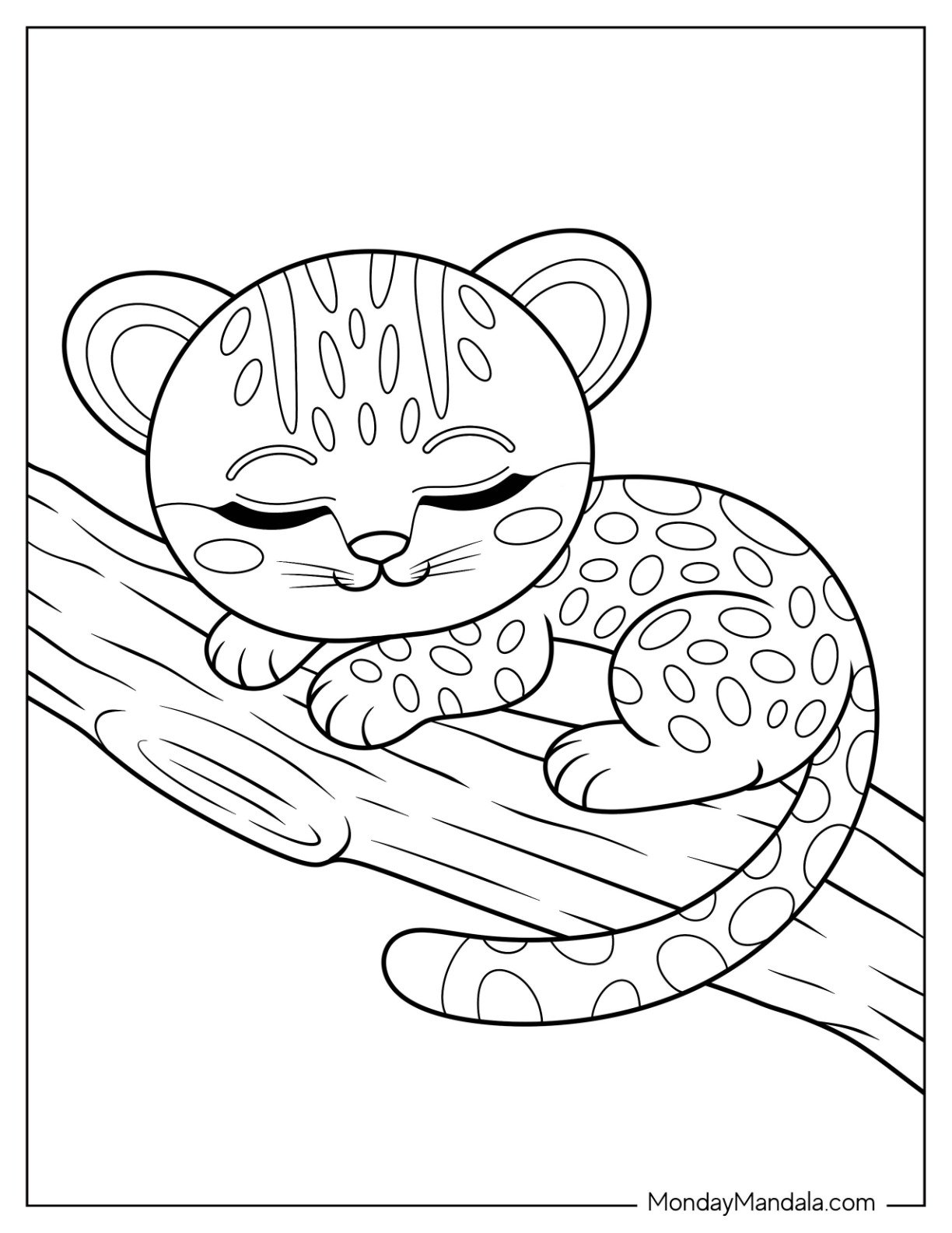 Baby Leopard Dozing Comfortably on a Tree Branch Jungle Coloring Page for Kids