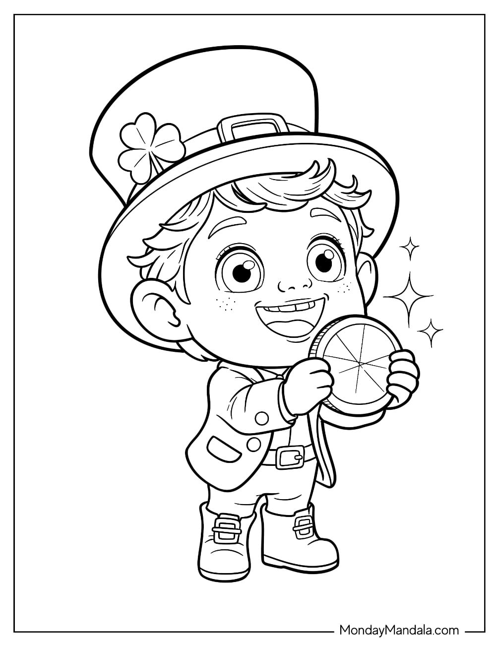 Baby Leprechaun Coloring Page Holding A Gold Coin for Kids