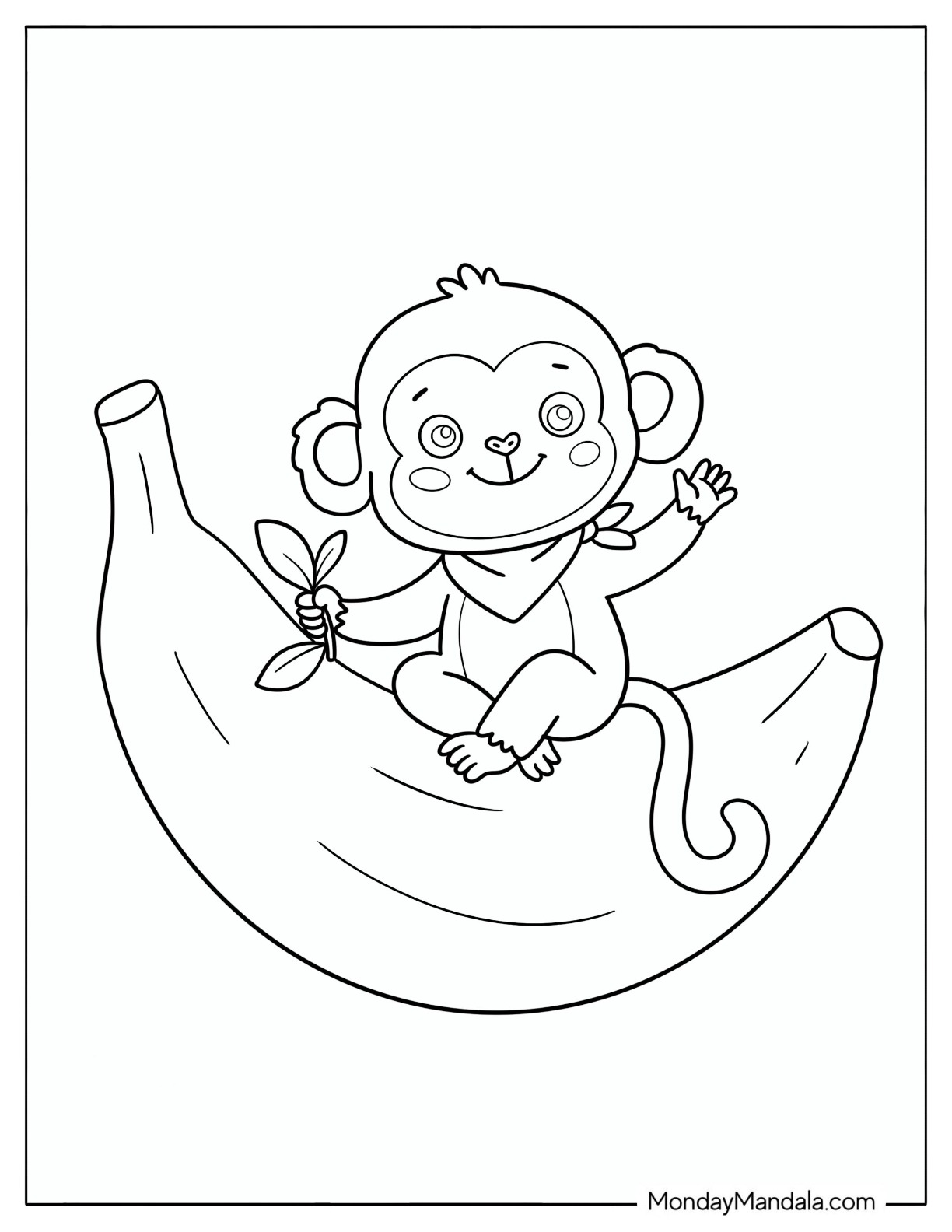 Baby Monkey Sitting on a Giant Banana Coloring Page for Preschoolers
