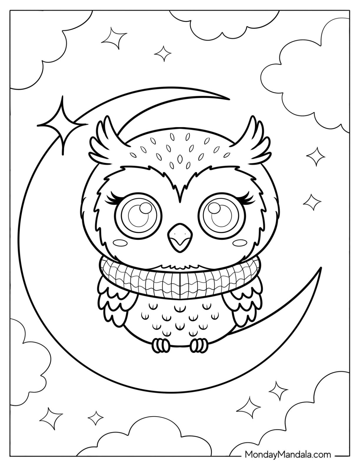 Baby Owl Coloring Page Sitting on a Crescent Moon for Preschoolers