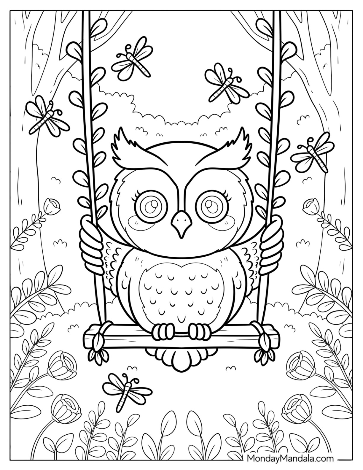 Baby Owl Coloring Page on a Swing with Dragonflies for Kids