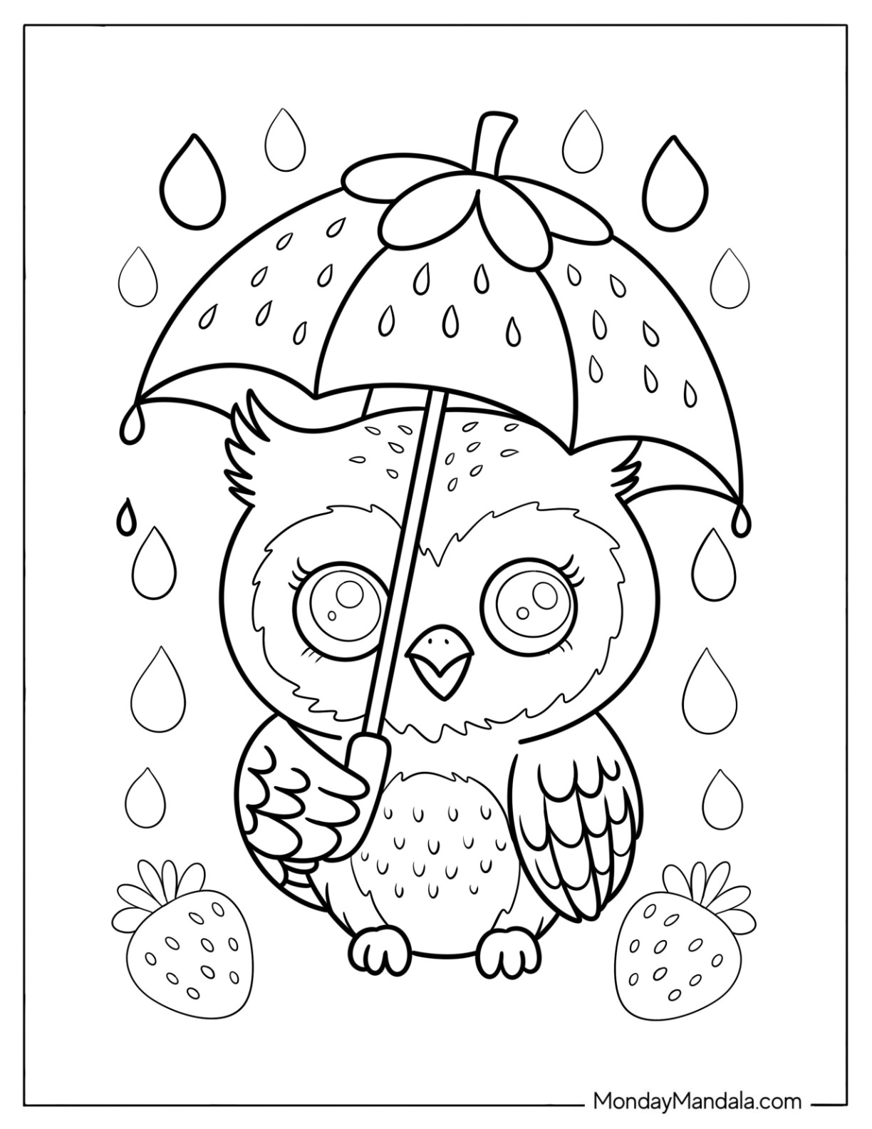 Baby Owl Coloring Page under a Strawberry Umbrella in the Rain for Kids