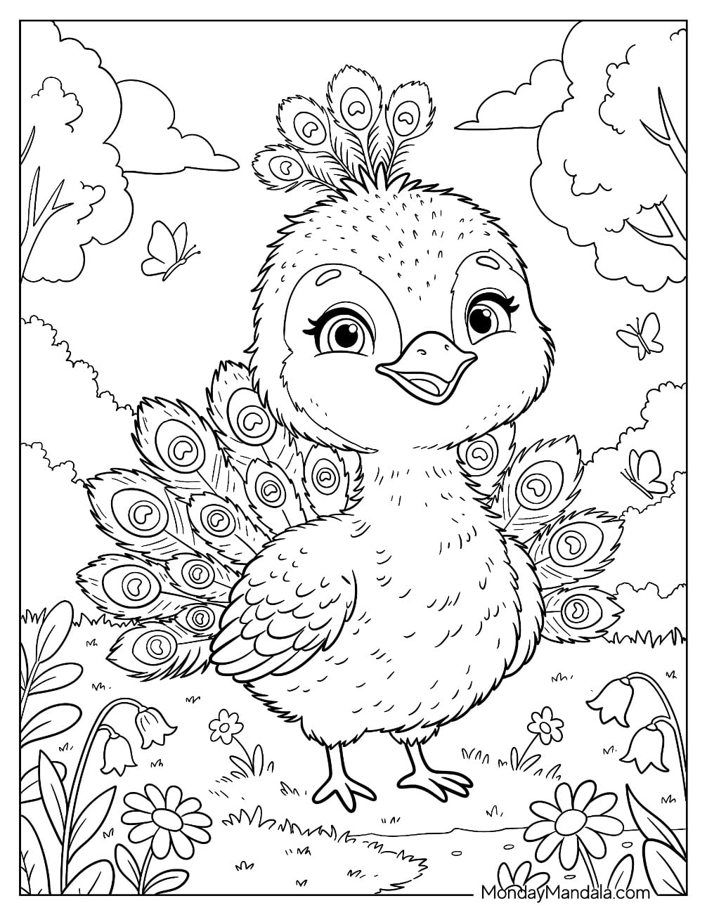 Baby Peacock Spreading Tail Feathers in a Garden Coloring Page