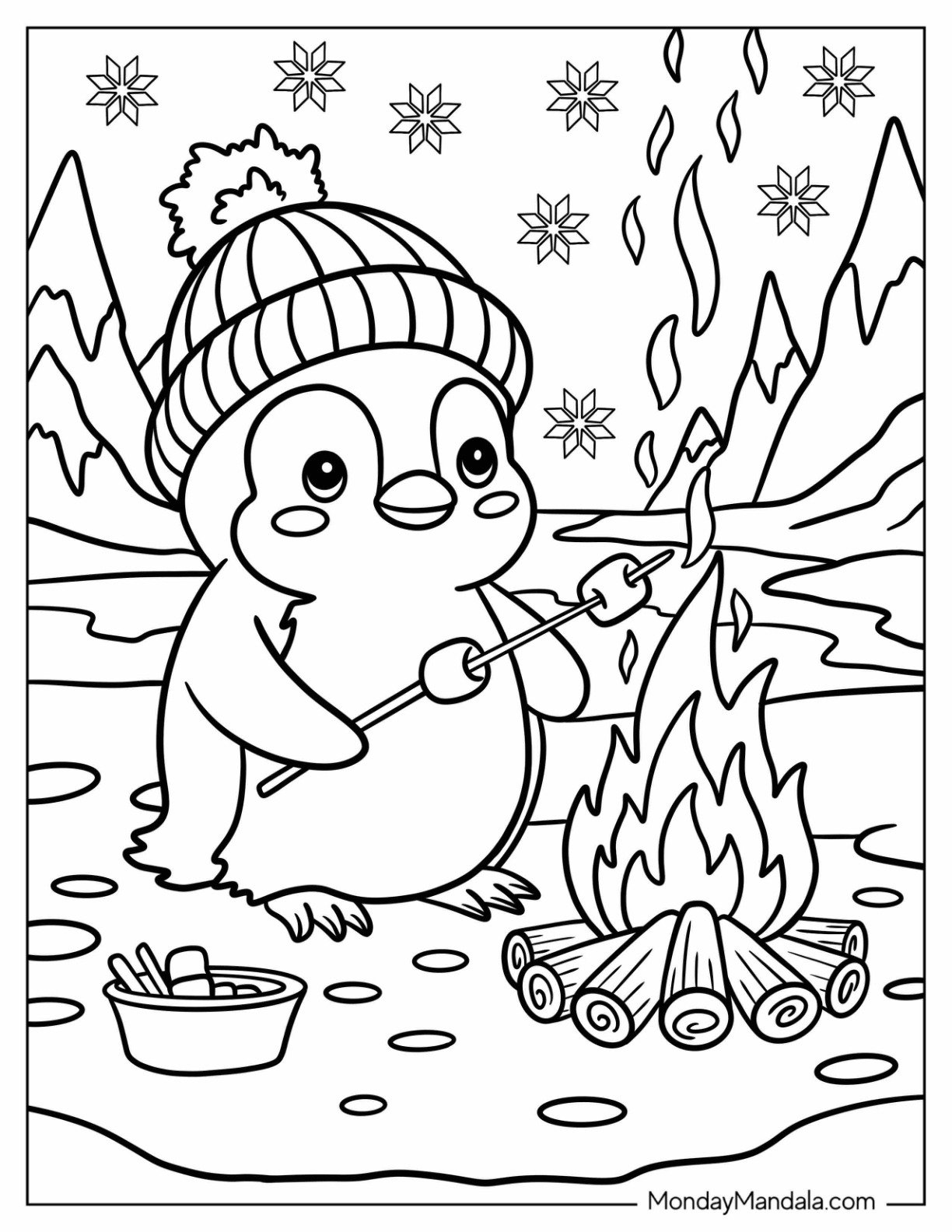 Baby Penguin Coloring Page Making S mores in Winter for Kids