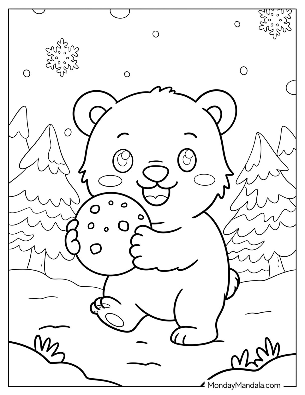 Baby Polar Bear Coloring Page Holding a Snowball for Kids