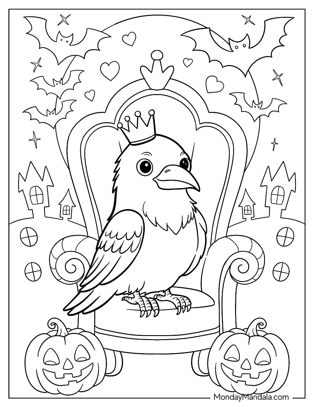 Baby Raven Coloring Page with Crown Sitting on a Throne Surrounded by Bats for Preschoolers