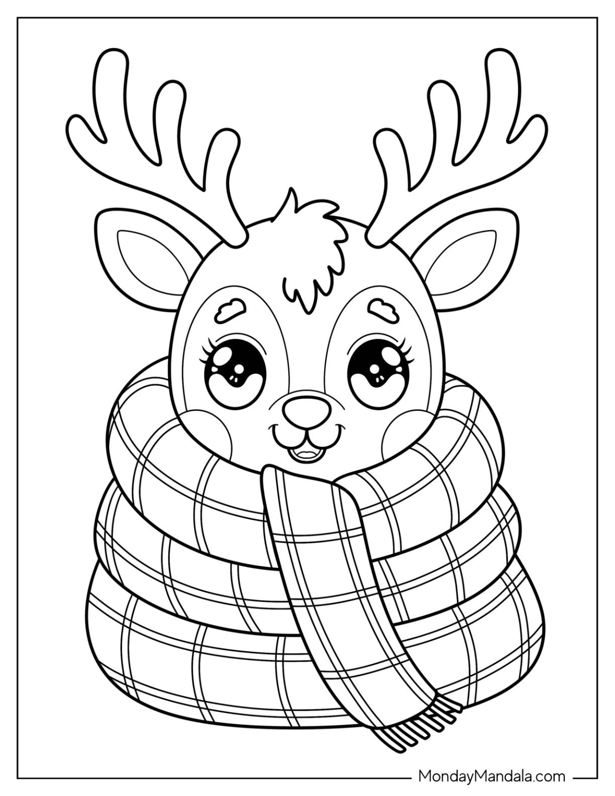 Baby Reindeer Bundled in a Plaid Scarf Coloring Page for Preschoolers
