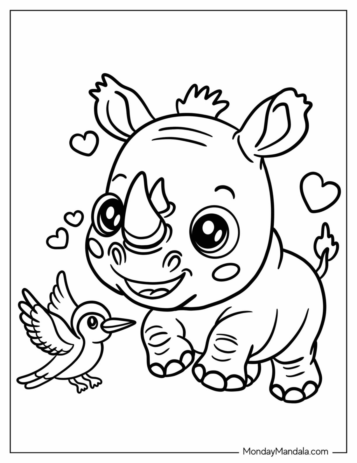 Baby Rhino Coloring Page Playing with a Bird for Preschoolers