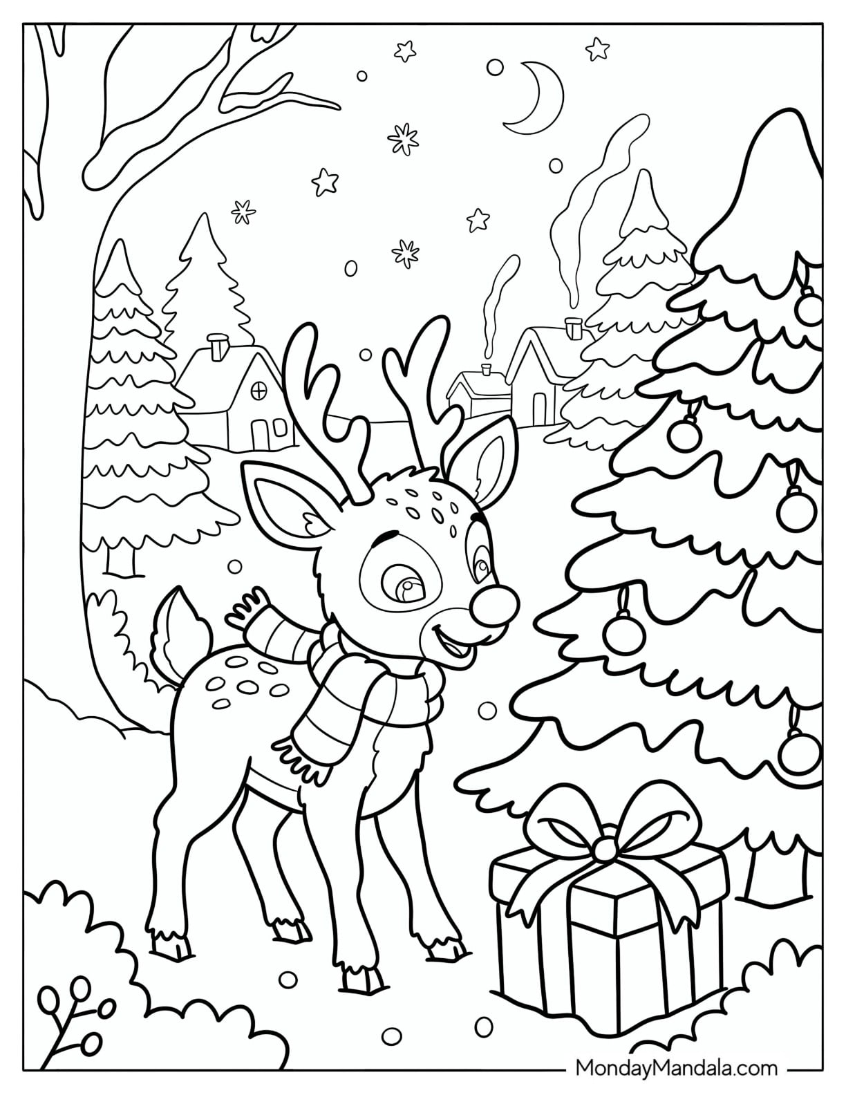 Baby Rudolph Discovering a Present in the Snow Coloring Sheet