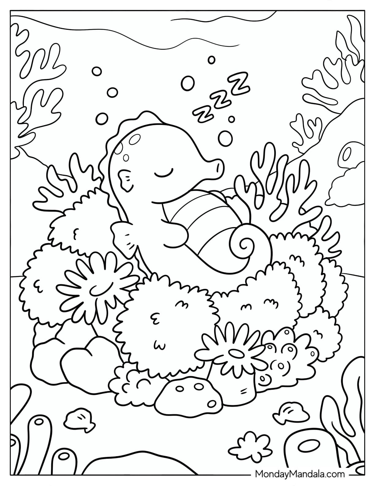 Baby Seahorse Sleeping on Corals Coloring Page for Kids