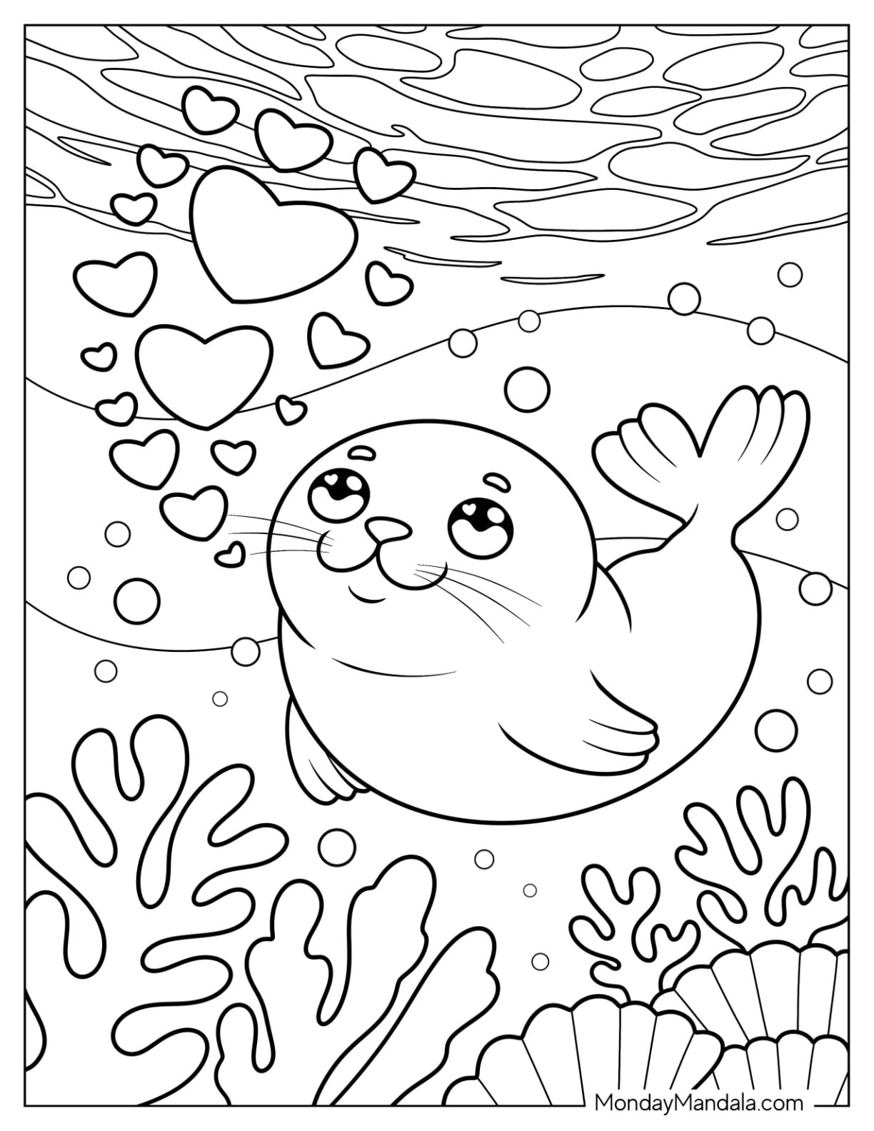 Baby Seal Coloring Page Underwater with Love Heart Bubbles for Kids