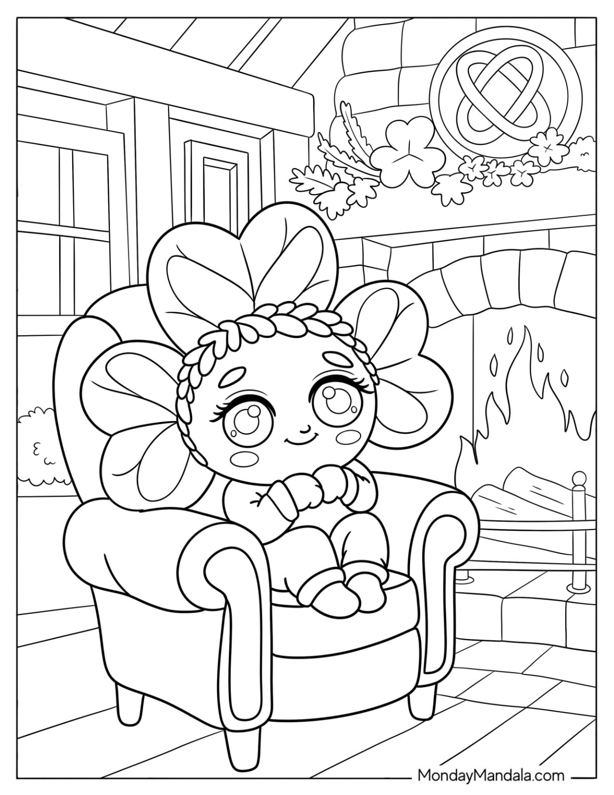 Baby Shamrock Coloring Page in an Armchair by the Fireplace