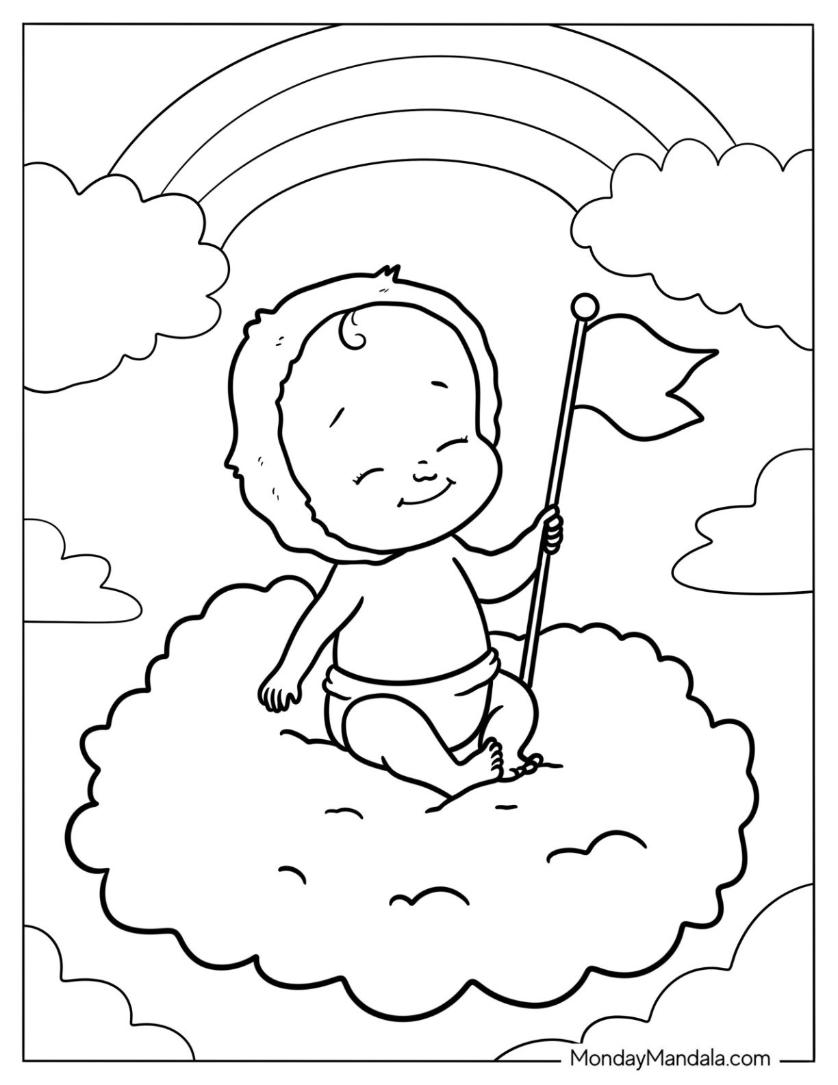 Baby Coloring Page Sitting On A Cloud Holding A Flag