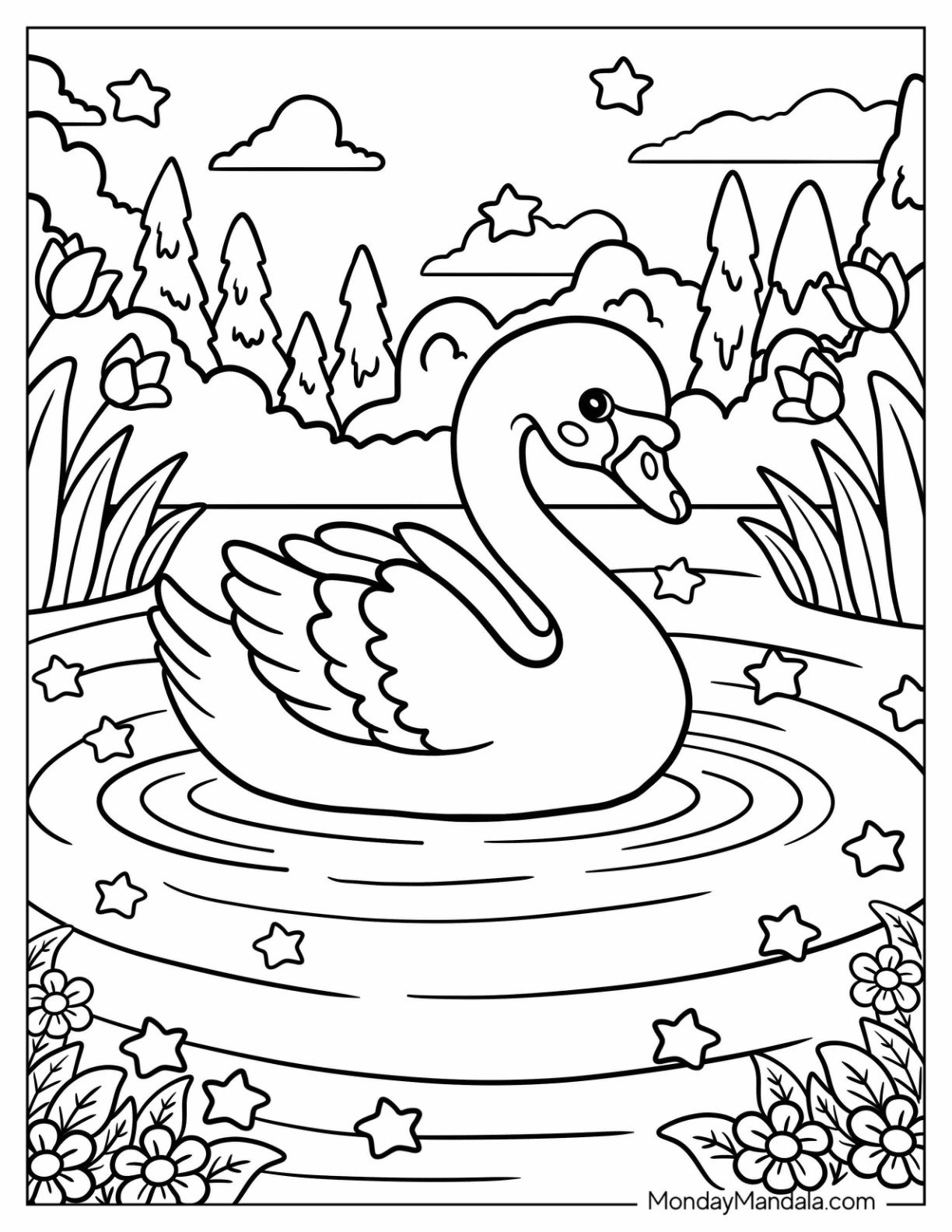 Baby Swan Coloring Page Resting in the Lake for Kids