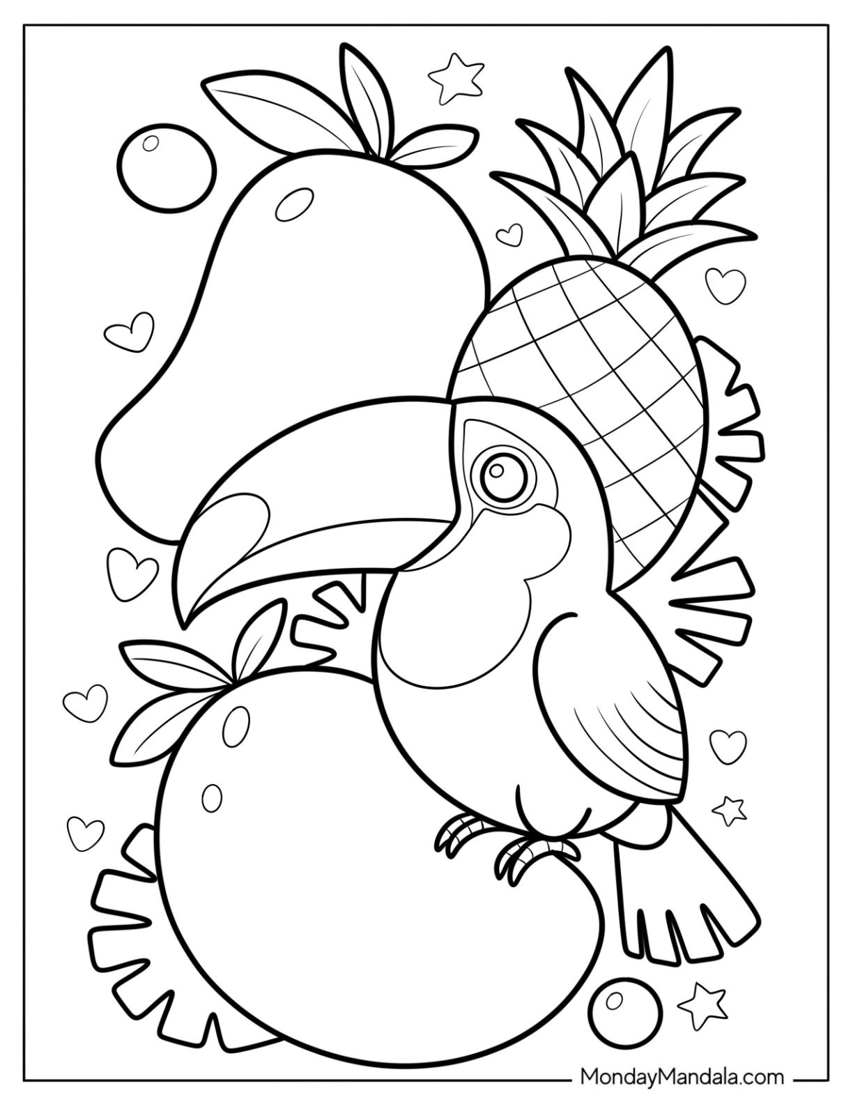 Baby Toucan Coloring Page with Mangoes and Pineapple Background for Kids
