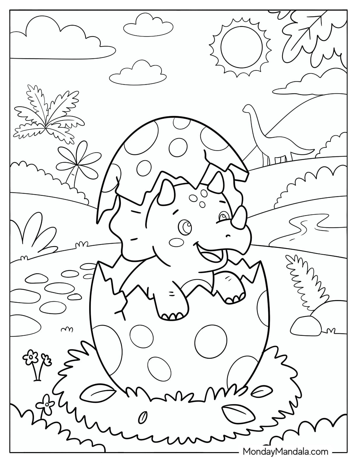 Baby Triceratops Hatching from an Egg Coloring Page for Kids