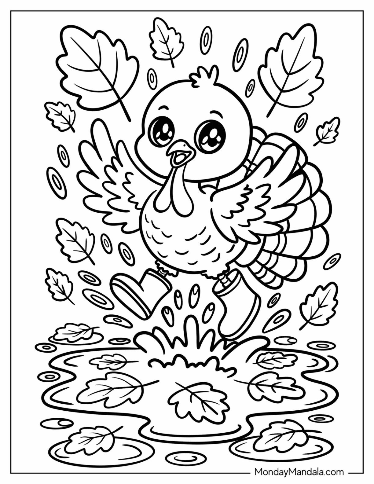 Baby Turkey Coloring Page Playing with a Puddle in the Fall for Kids