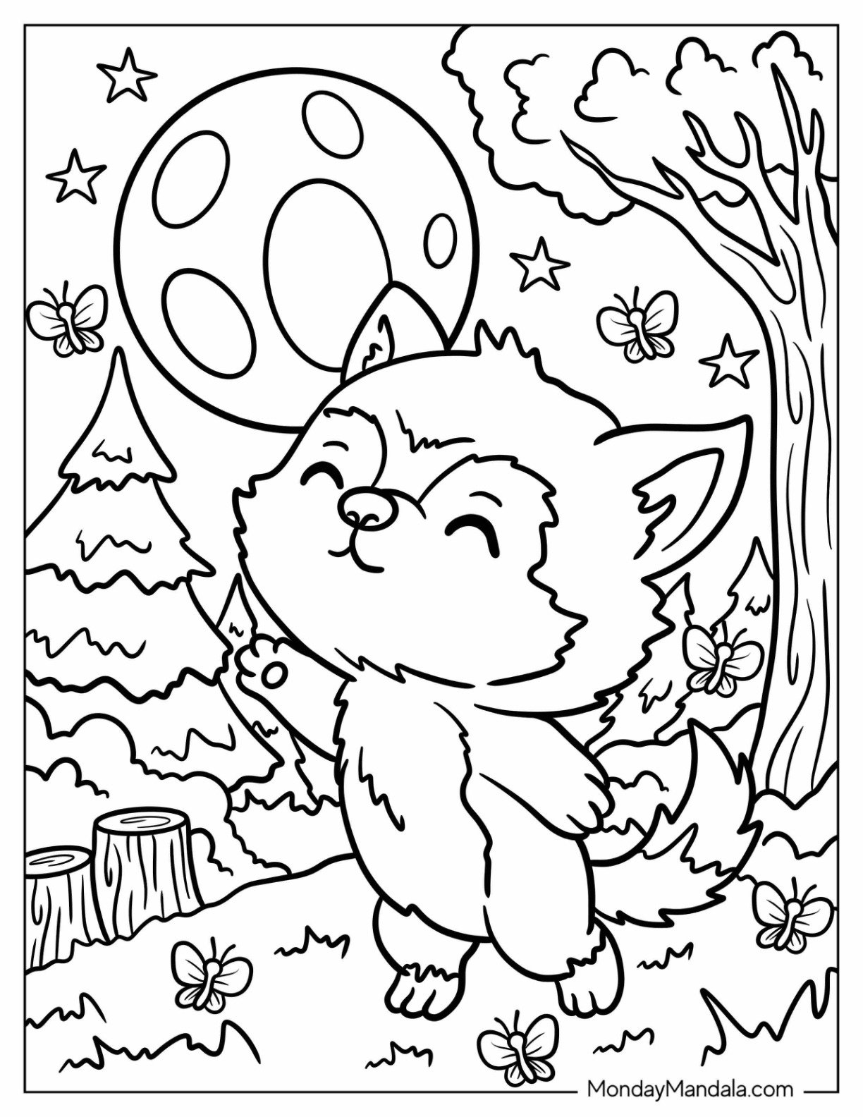 Baby Werewolf Coloring Page Playing with Butterflies on a Full Moon for Preschoolers