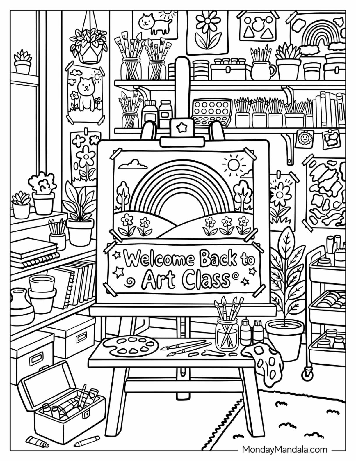 Back to School Art Classroom with Painting Supplies and Welcome Sign