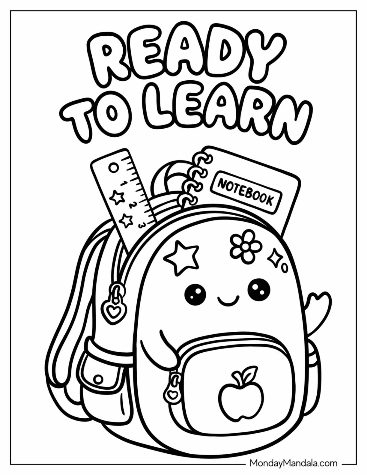 Back to School Backpack with Notebook, Pencil, and Apple Coloring Page