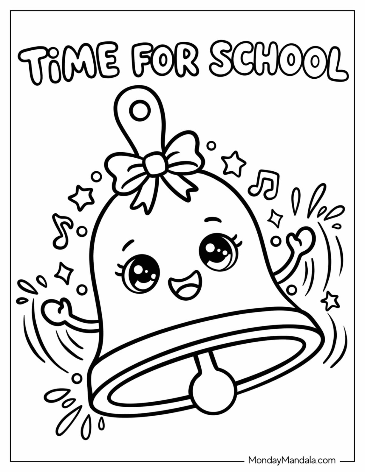 Back to School Bell with Bow and Musical Notes Coloring Page for Kids