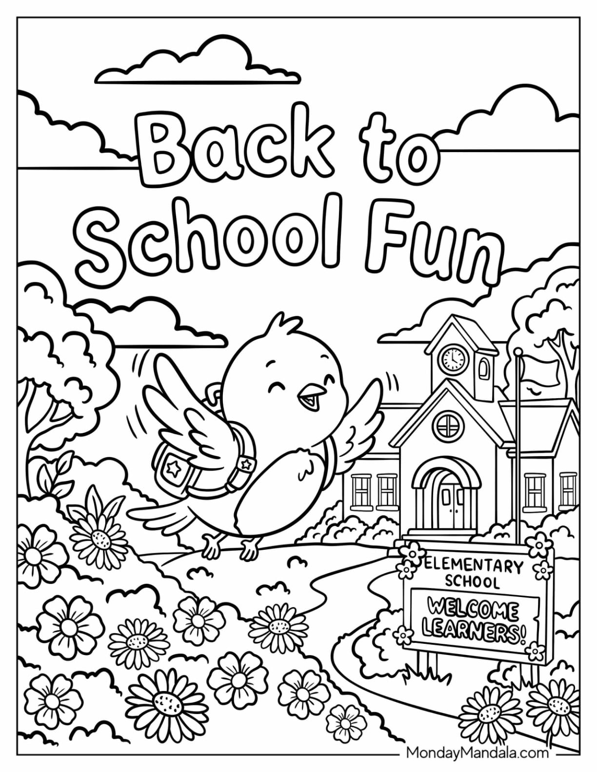 Back to School Bird Flying to Elementary School Coloring Page
