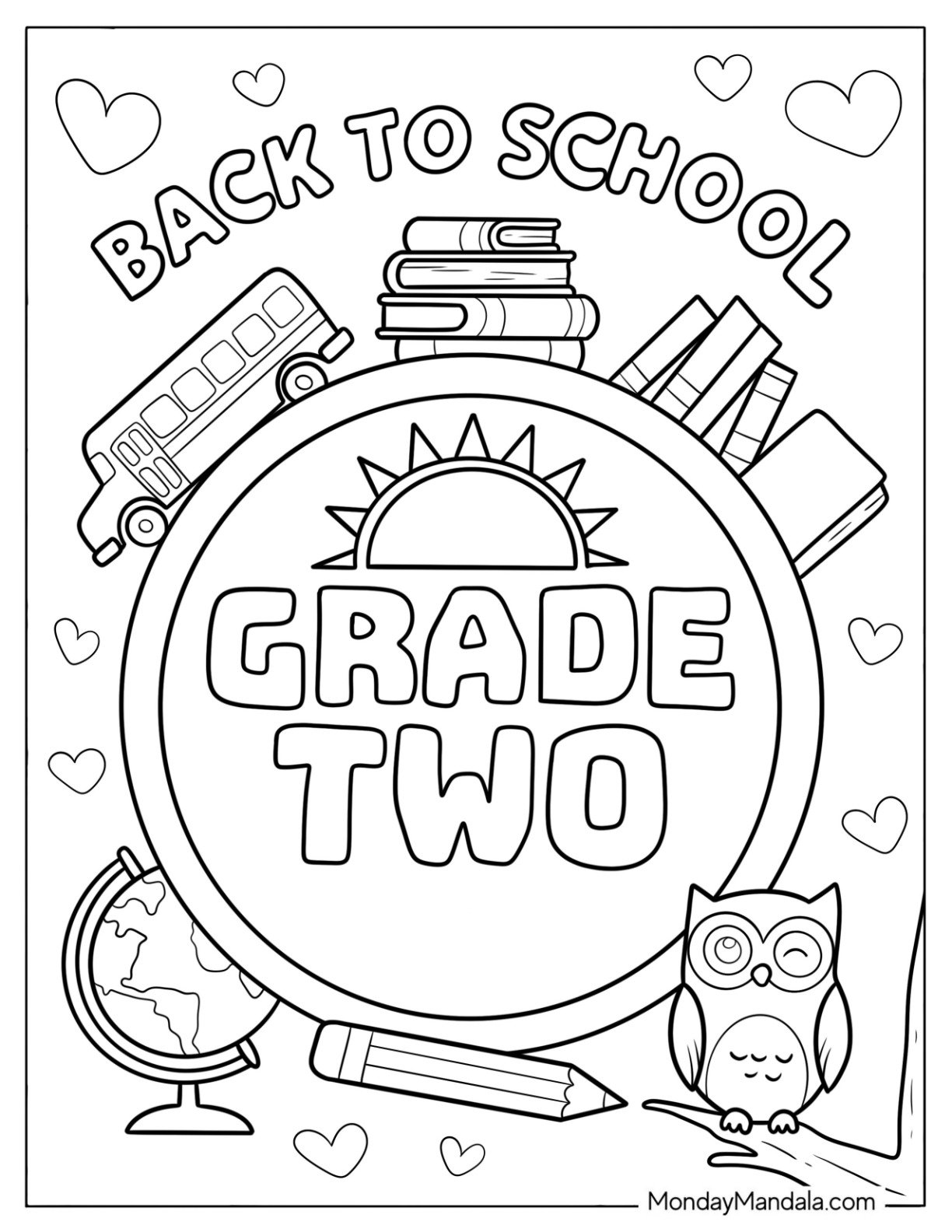 Back To School Coloring Page Grade Two Sign with Owl, Bus, and Books