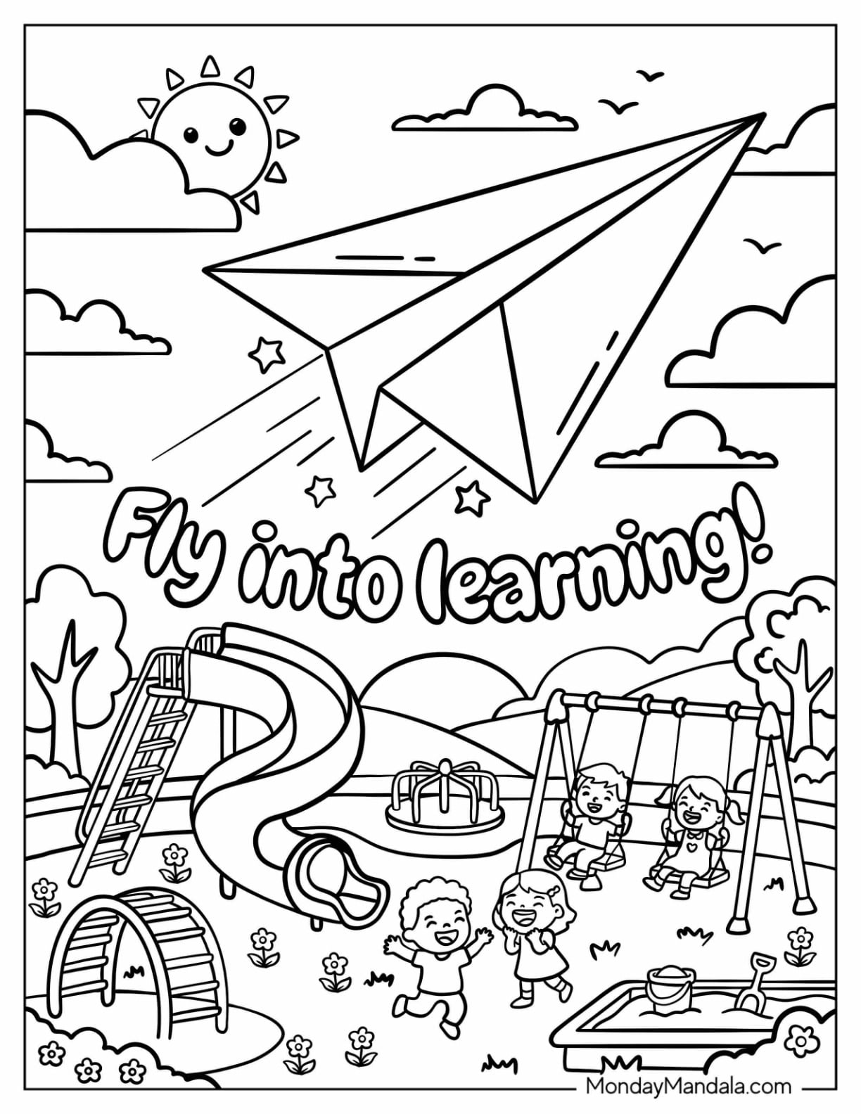 Back to School Outdoor Playground with Paper Airplane and Children