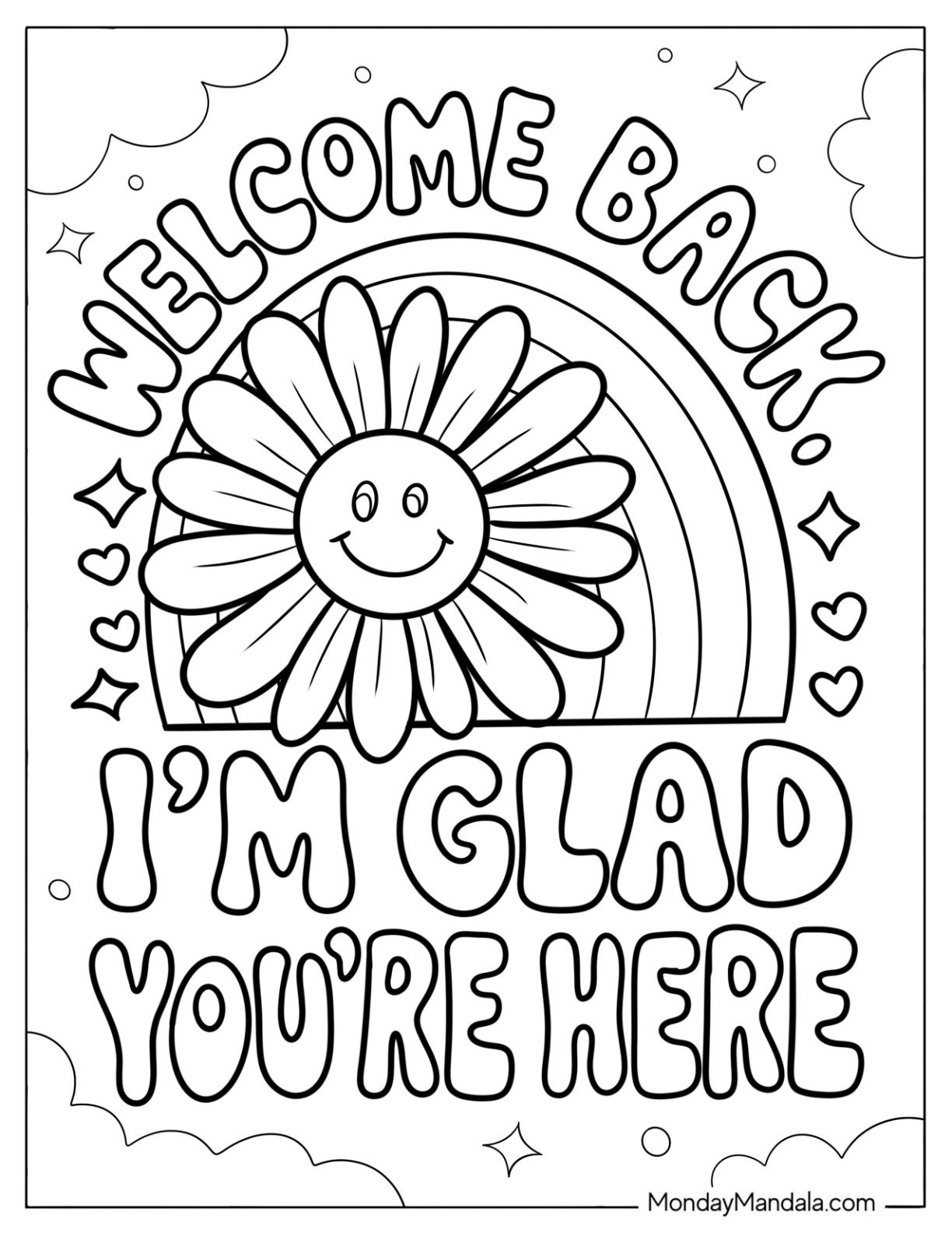 Back To School Coloring Page Welcome Banner with Smiling Sunflower for Kids