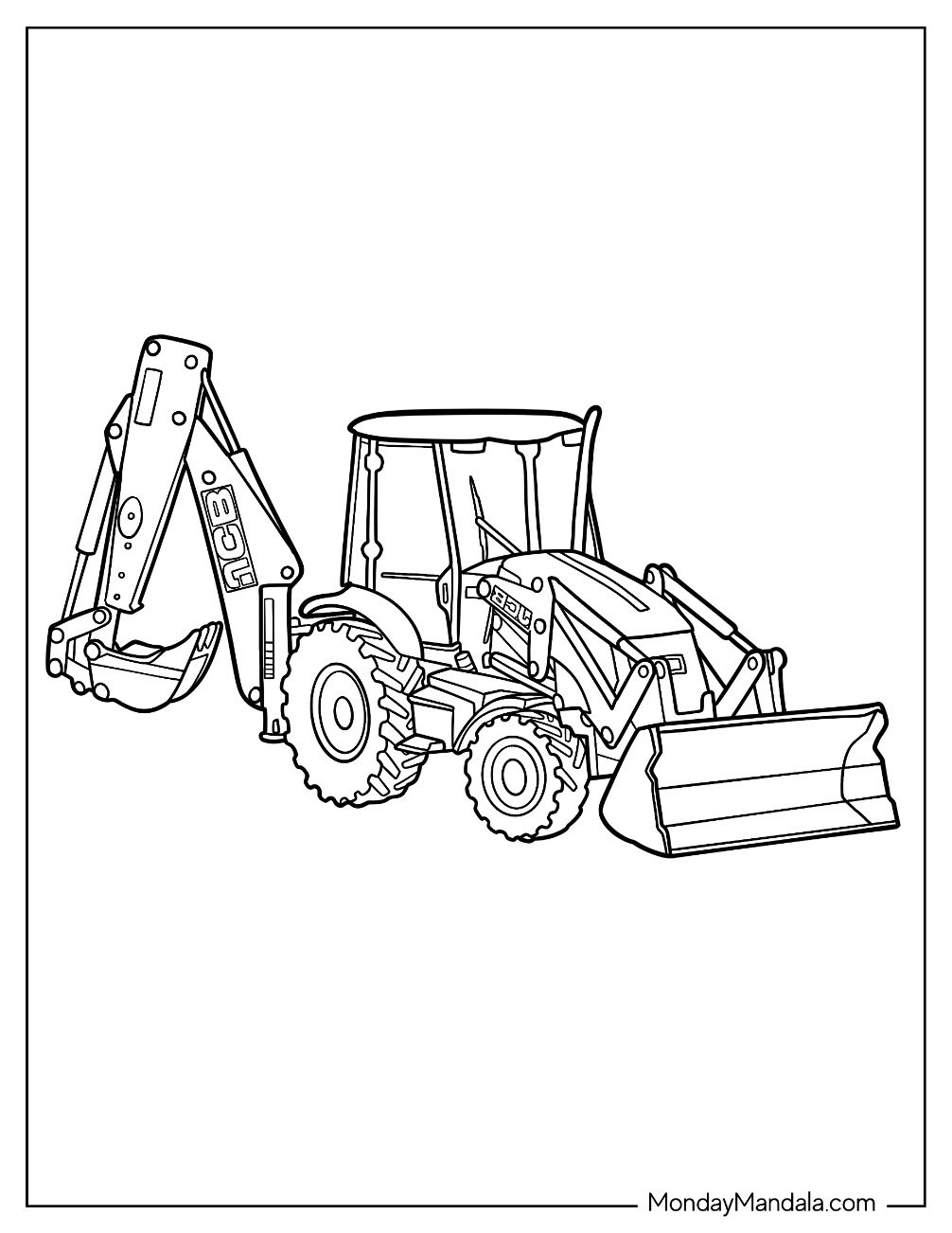 Backhoe Loader Tractor Coloring Page with Dual Buckets